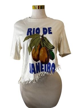 H&M Rio De Janeiro Cashew Graphic Tee | XS | Boho DIY Fringe Hem